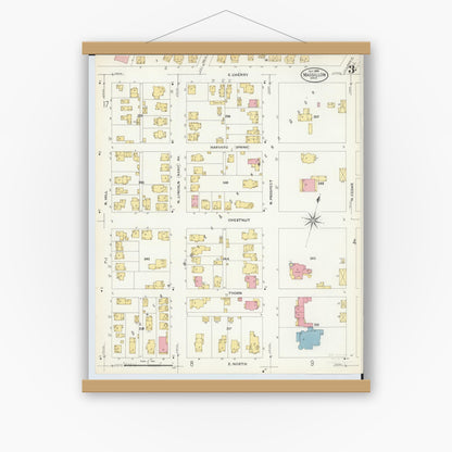 Old map wall art mockup — magnetic wood frame on white wall — Sanborn Fire Insurance Map from Massillon, Stark County, Ohio (1908), Sheet #0003