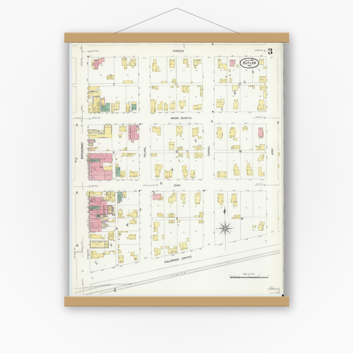 Old map wall art mockup — magnetic wood frame on white wall — Sanborn Fire Insurance Map from Butler, De Kalb County, Indiana (1907), Sheet #0003