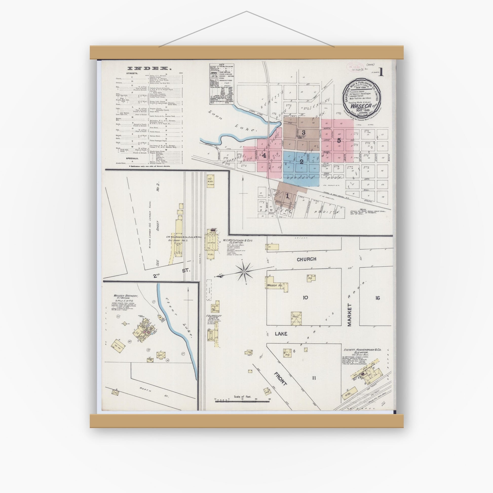 Old map wall art mockup — magnetic wood frame on white wall — Sanborn Fire Insurance Map from Waseca, Waseca County, Minnesota (1889), Sheet #0001