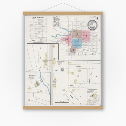 Old map wall art mockup — magnetic wood frame on white wall — Sanborn Fire Insurance Map from Waseca, Waseca County, Minnesota (1889), Sheet #0001