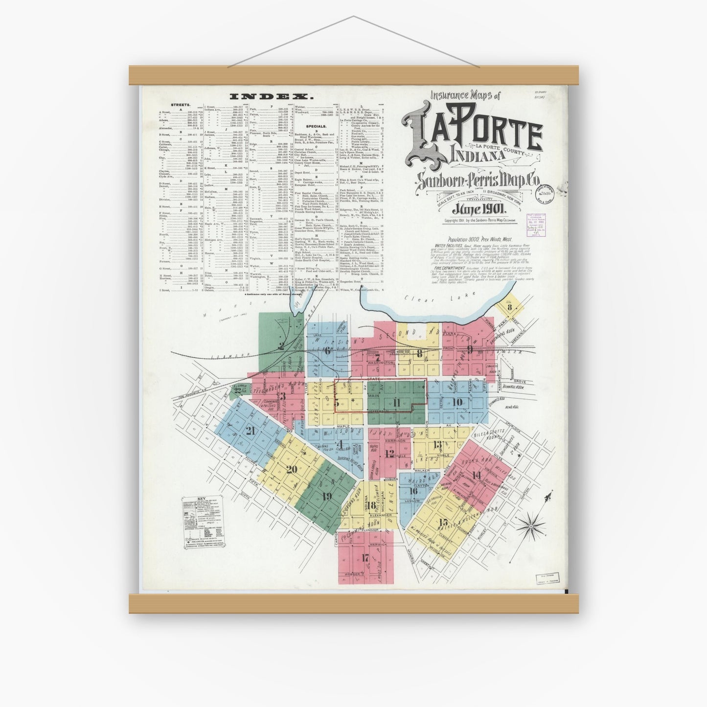 Old map wall art mockup — magnetic wood frame on white wall — Sanborn Fire Insurance Map from La Porte, La Porte County, Indiana (1901) - Complete Map Set