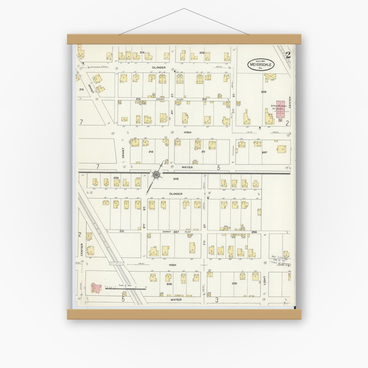 Old map wall art mockup — magnetic wood frame on white wall — Sanborn Fire Insurance Map from Meyersdale, Somerset County, Pennsylvania (1910), Sheet #0002