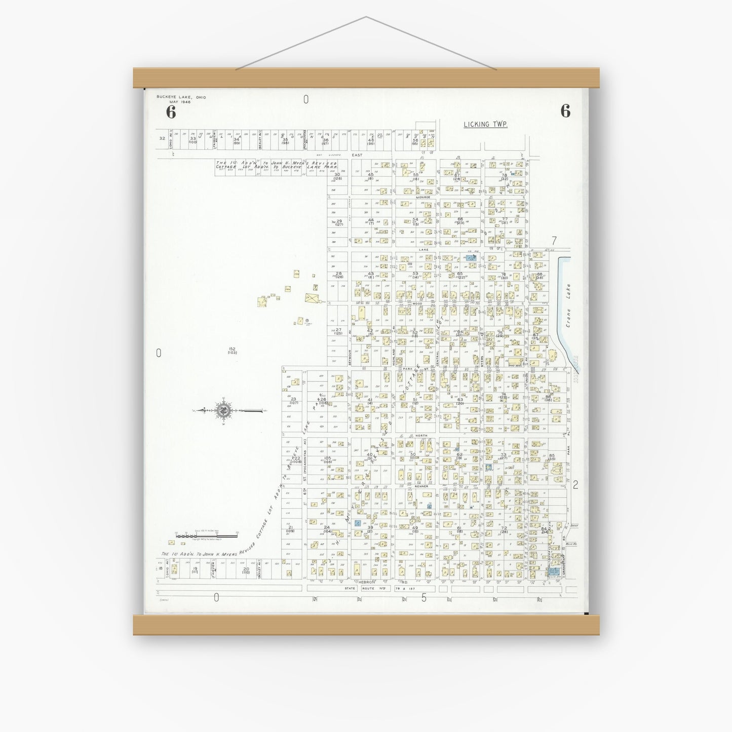 Old map wall art mockup — magnetic wood frame on white wall — Sanborn Fire Insurance Map from Buckeye Lake, Licking County, Ohio (1946), Sheet #0006