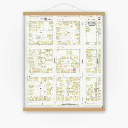 Old map wall art mockup — magnetic wood frame on white wall — Sanborn Fire Insurance Map from Wilmington, New Hanover County, North Carolina (1910), Sheet #0002