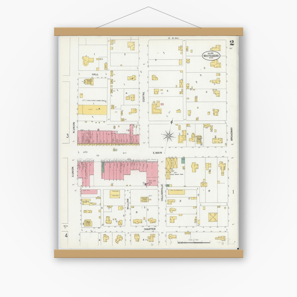 Old map wall art mockup — magnetic wood frame on white wall — Sanborn Fire Insurance Map from Whitesboro, Grayson County, Texas (1901), Sheet #0002