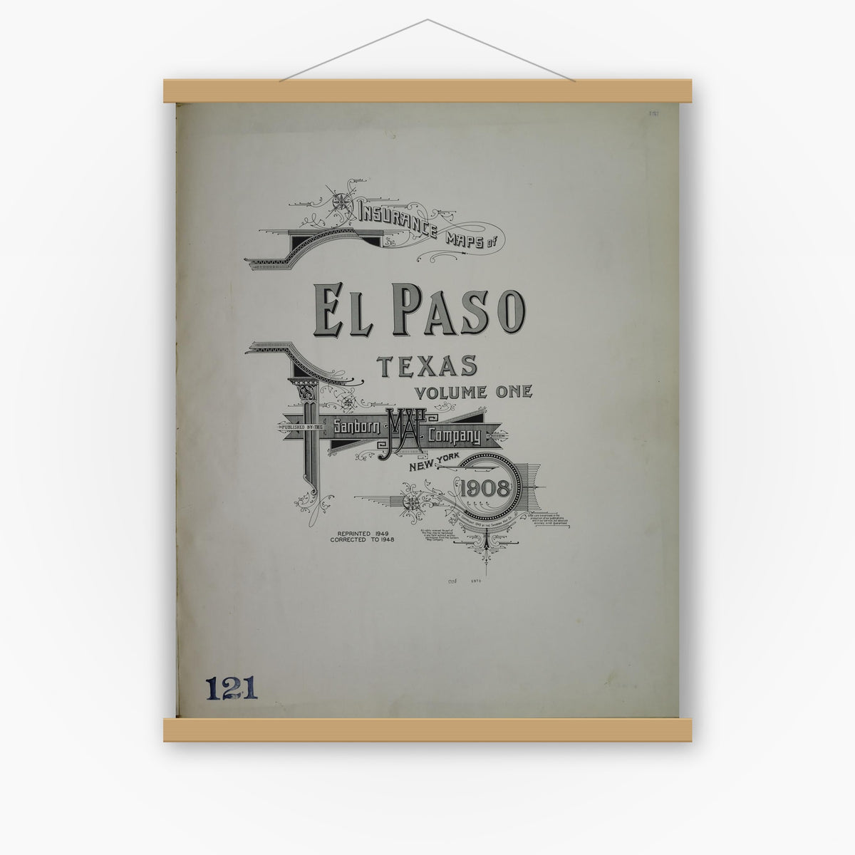 Old map wall art mockup — magnetic wood frame on white wall — Sanborn Fire Insurance Map from El Paso, El Paso County, Texas (1948), Sheet #0001