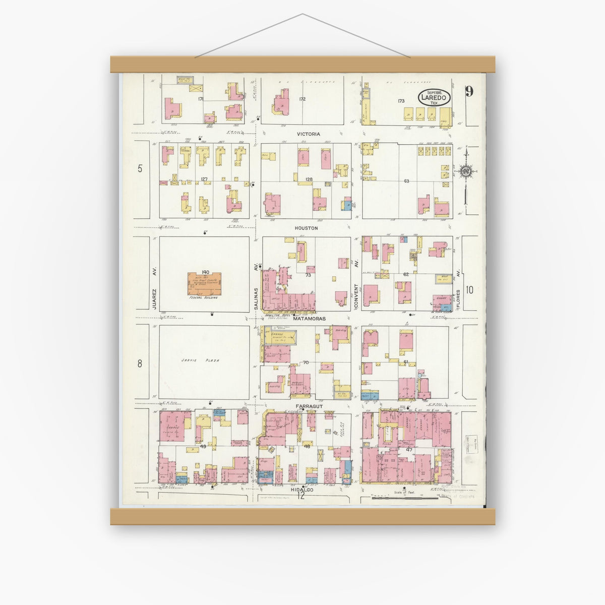 Old map wall art mockup — magnetic wood frame on white wall — Sanborn Fire Insurance Map from Laredo, Webb County, Texas (1916), Sheet #0009