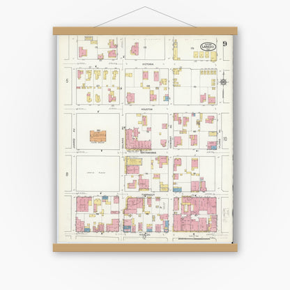 Old map wall art mockup — magnetic wood frame on white wall — Sanborn Fire Insurance Map from Laredo, Webb County, Texas (1916), Sheet #0009