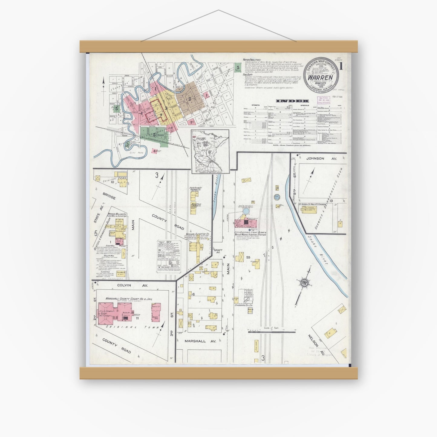 Old map wall art mockup — magnetic wood frame on white wall — Sanborn Fire Insurance Map from Warren, Marshall County, Minnesota (1915) - Complete Map Set