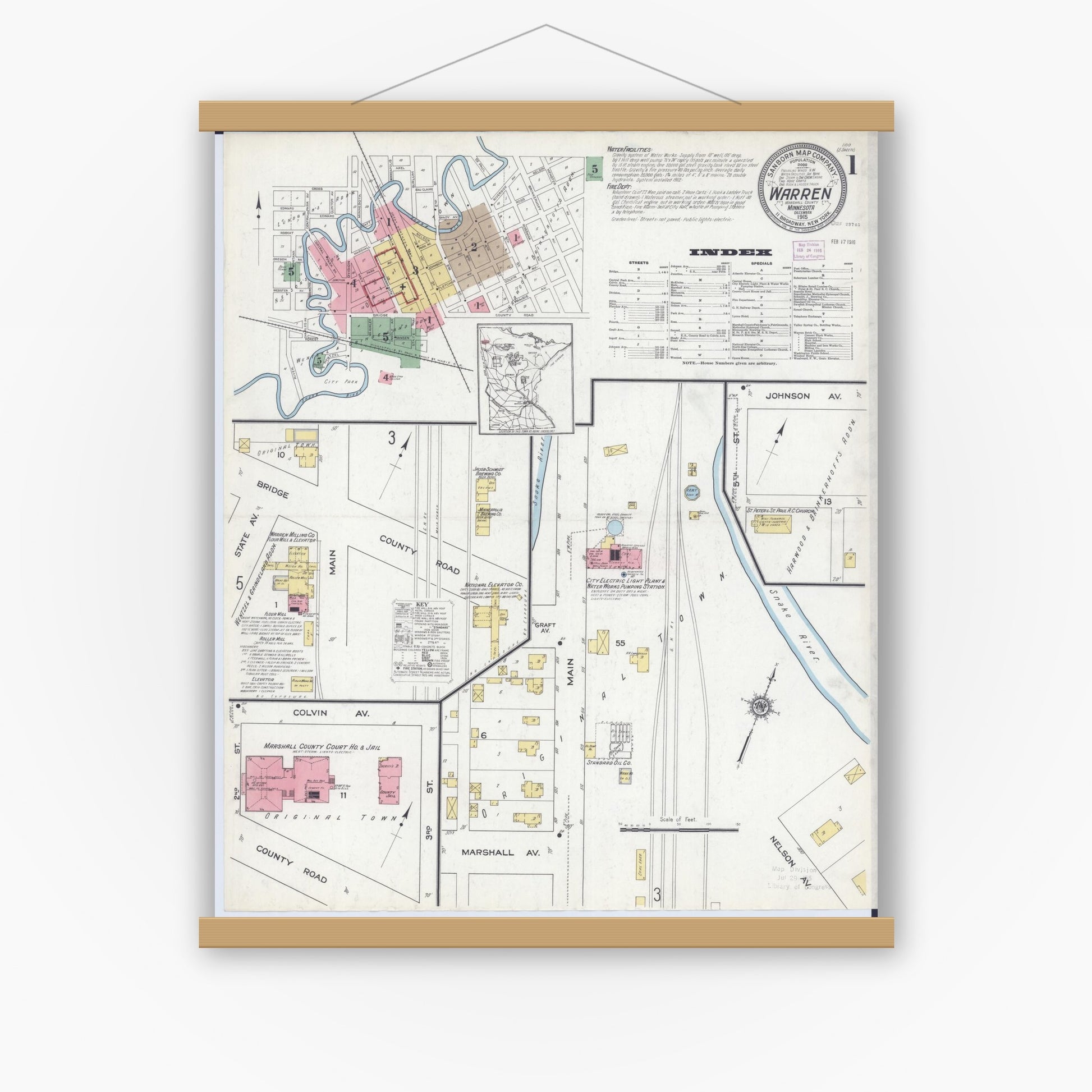 Old map wall art mockup — magnetic wood frame on white wall — Sanborn Fire Insurance Map from Warren, Marshall County, Minnesota (1915) - Complete Map Set