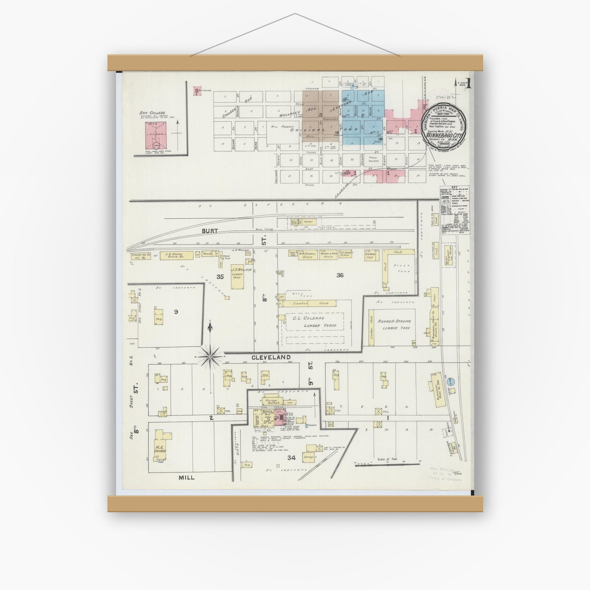 Old map wall art mockup — magnetic wood frame on white wall — Sanborn Fire Insurance Map from Winnebago, Faribault County, Minnesota (1891), Sheet #0001