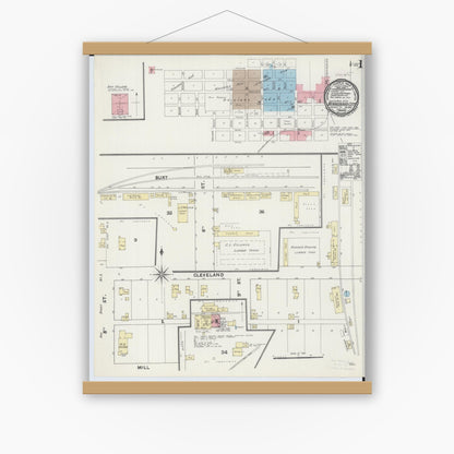 Old map wall art mockup — magnetic wood frame on white wall — Sanborn Fire Insurance Map from Winnebago, Faribault County, Minnesota (1891), Sheet #0001