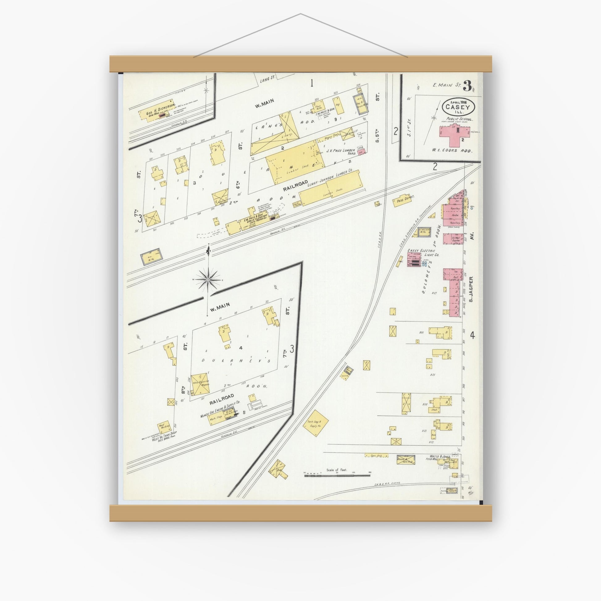 Old map wall art mockup — magnetic wood frame on white wall — Sanborn Fire Insurance Map from Casey, Clark County, Illinois (1906), Sheet #0003