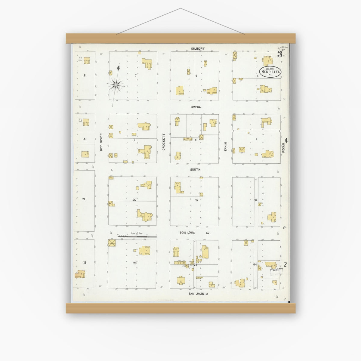 Old map wall art mockup — magnetic wood frame on white wall — Sanborn Fire Insurance Map from Henrietta, Clay County, Texas (1902), Sheet #0003