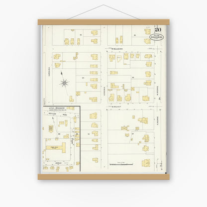 Old map wall art mockup — magnetic wood frame on white wall — Sanborn Fire Insurance Map from Goldsboro, Wayne County, North Carolina (1908), Sheet #0020