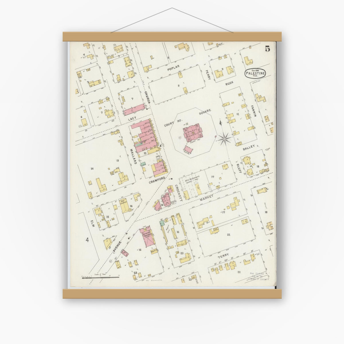 Old map wall art mockup — magnetic wood frame on white wall — Sanborn Fire Insurance Map from Palestine, Anderson County, Texas (1896), Sheet #0005