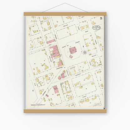 Old map wall art mockup — magnetic wood frame on white wall — Sanborn Fire Insurance Map from Palestine, Anderson County, Texas (1896), Sheet #0005