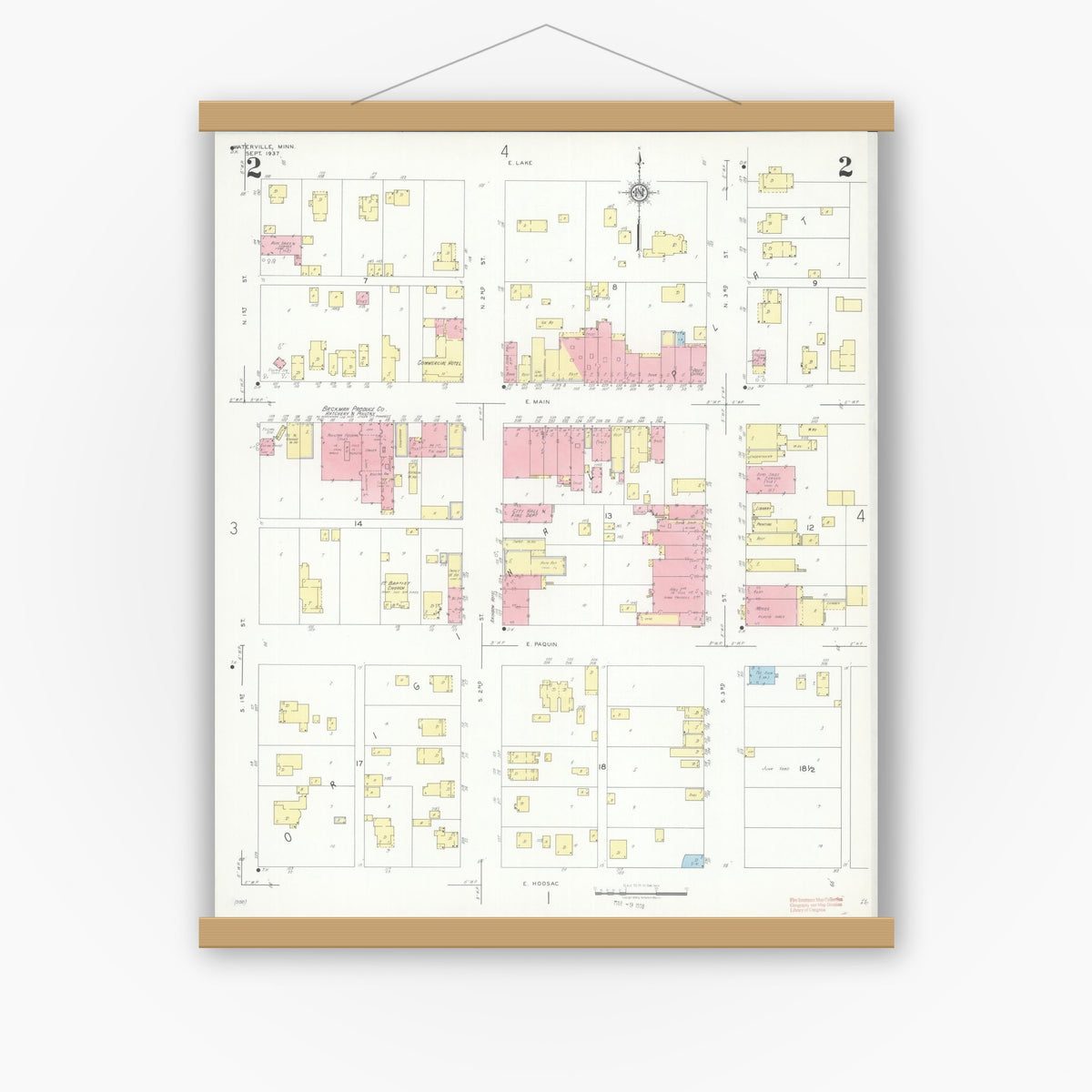 Old map wall art mockup — magnetic wood frame on white wall — Sanborn Fire Insurance Map from Waterville, Le Sueur County, Minnesota (1937), Sheet #0002