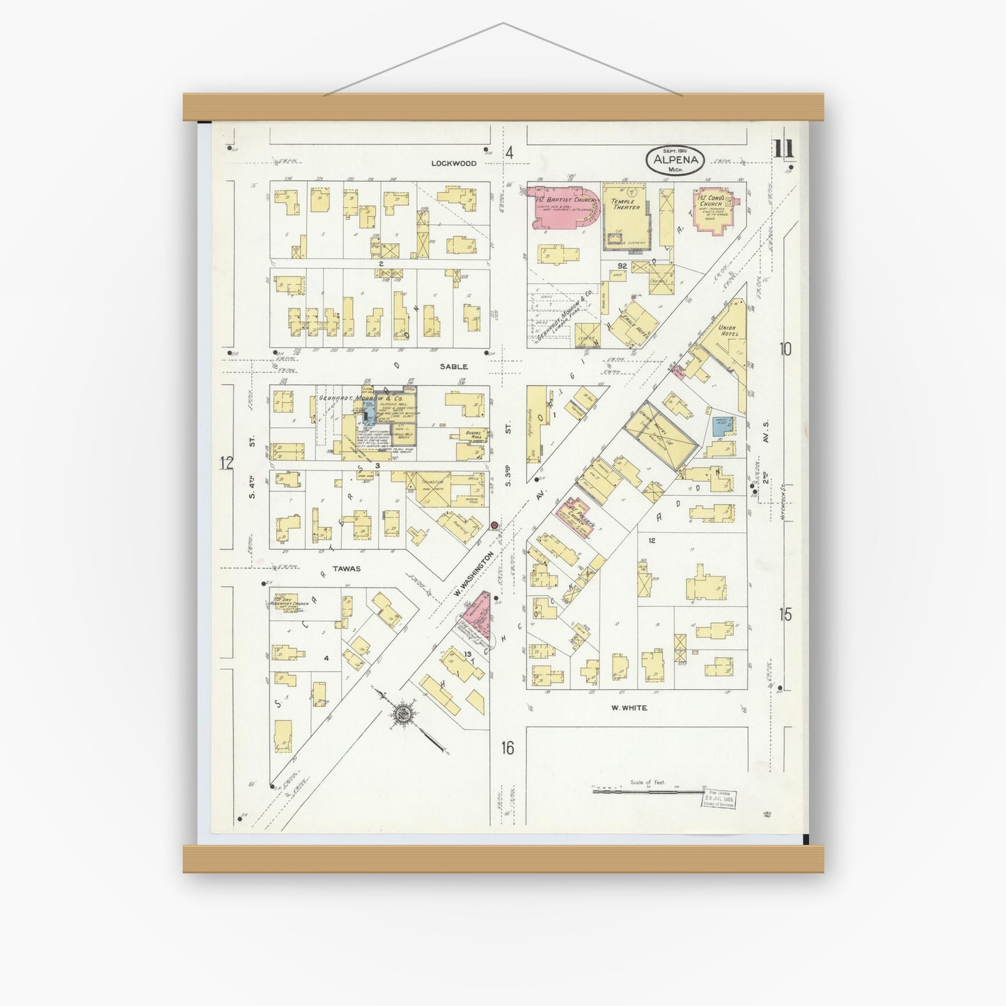 Old map wall art mockup — magnetic wood frame on white wall — Sanborn Fire Insurance Map from Alpena, Alpena County, Michigan (1910), Sheet #0011