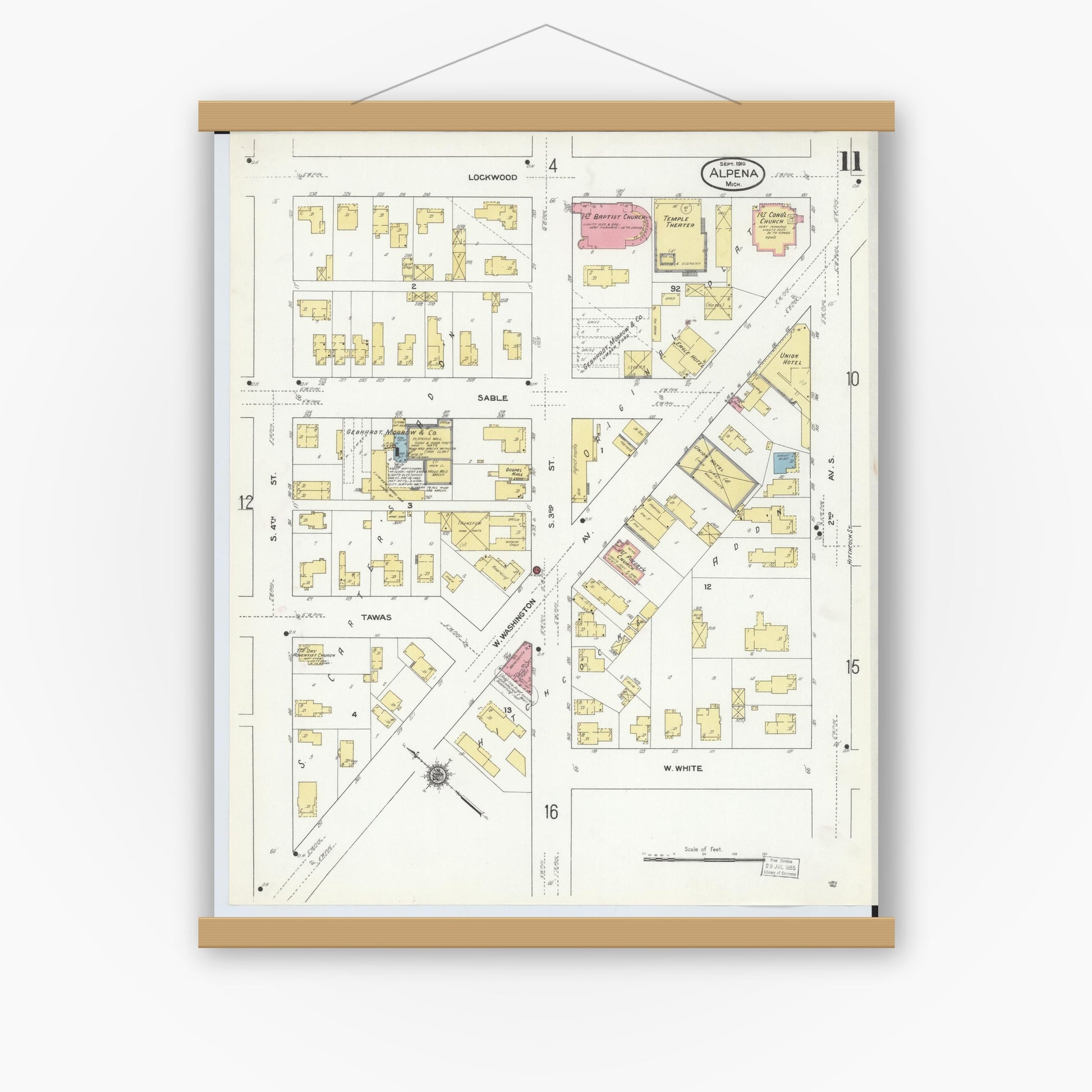 Old map wall art mockup — magnetic wood frame on white wall — Sanborn Fire Insurance Map from Alpena, Alpena County, Michigan (1910), Sheet #0011