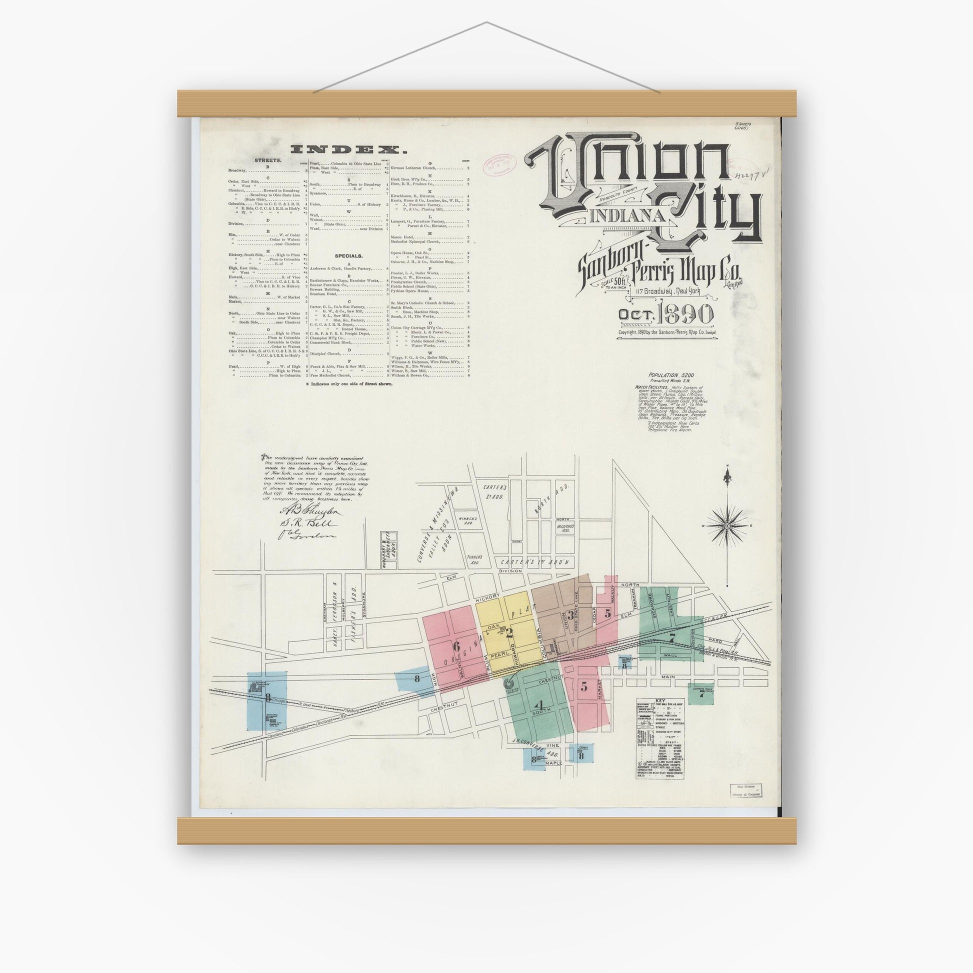 Old map wall art mockup — magnetic wood frame on white wall — Sanborn Fire Insurance Map from Union City, Randolph County, Indiana (1890) - Complete Map Set