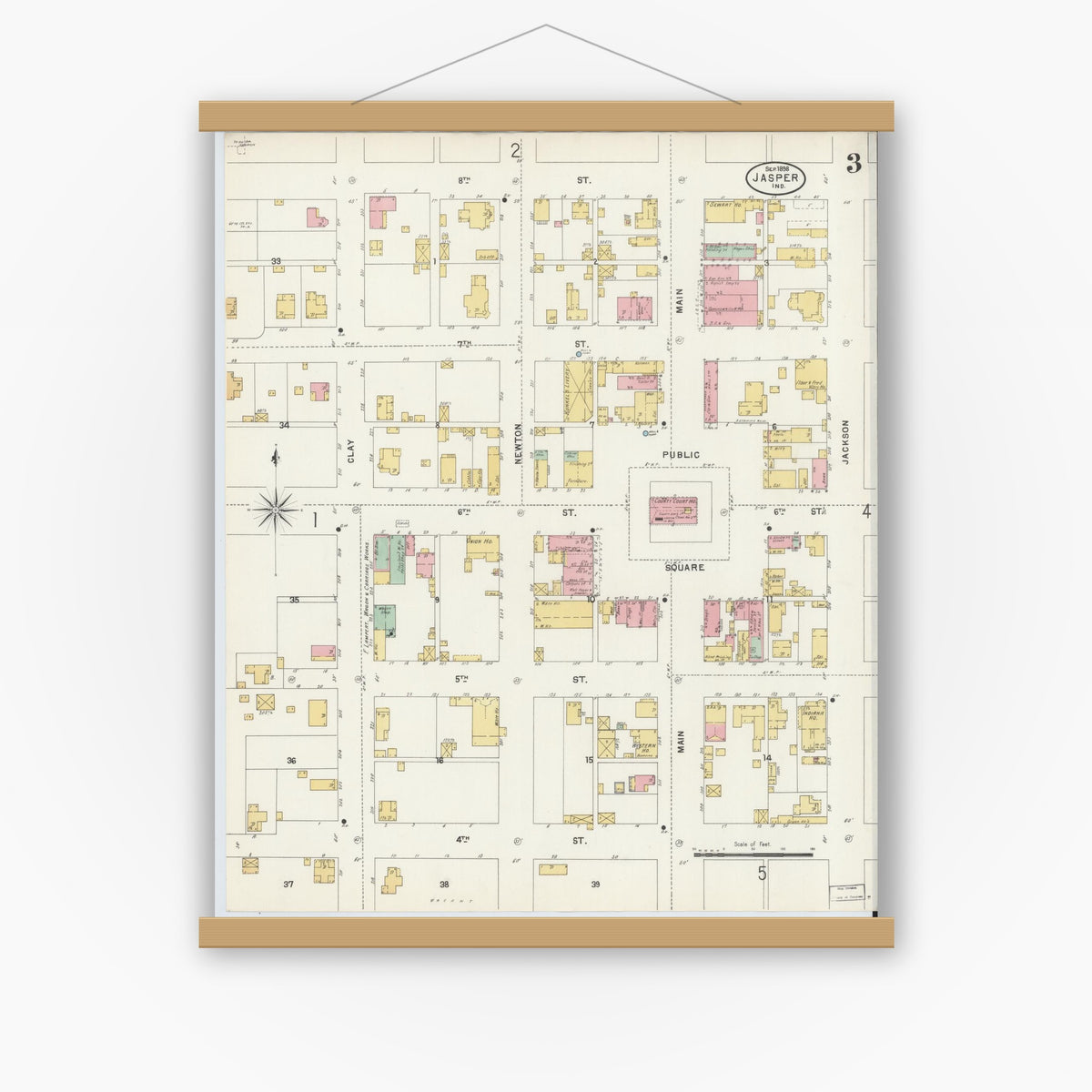 Old map wall art mockup — magnetic wood frame on white wall — Sanborn Fire Insurance Map from Jasper, Dubois County, Indiana (1898), Sheet #0003