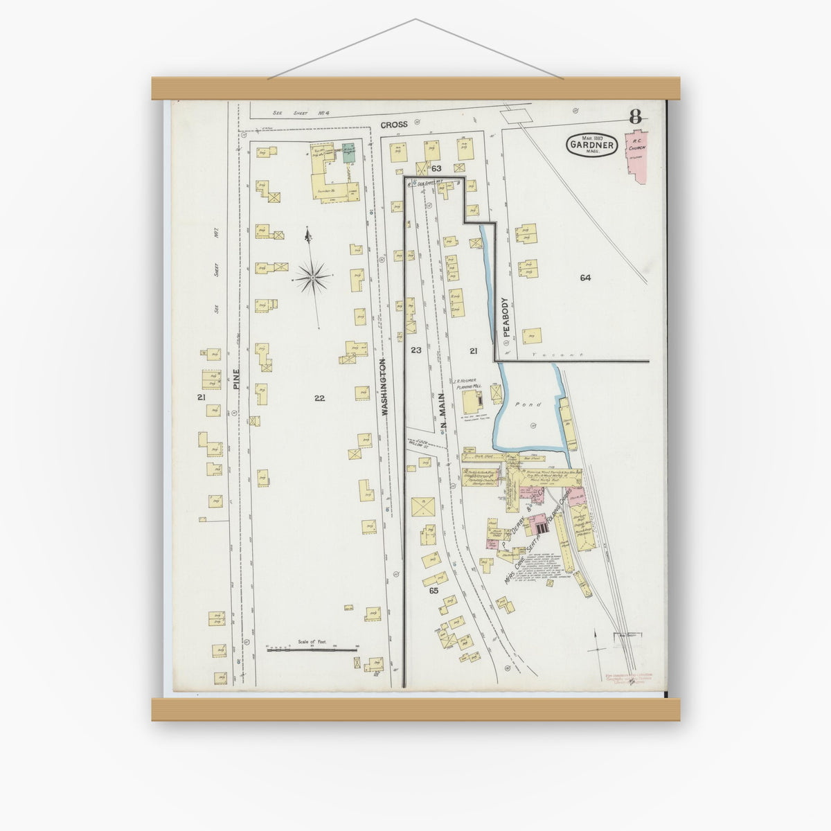 Old map wall art mockup — magnetic wood frame on white wall — Sanborn Fire Insurance Map from Gardner, Worcester County, Massachusetts (1889), Sheet #0008