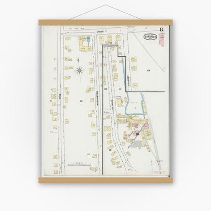 Old map wall art mockup — magnetic wood frame on white wall — Sanborn Fire Insurance Map from Gardner, Worcester County, Massachusetts (1889), Sheet #0008