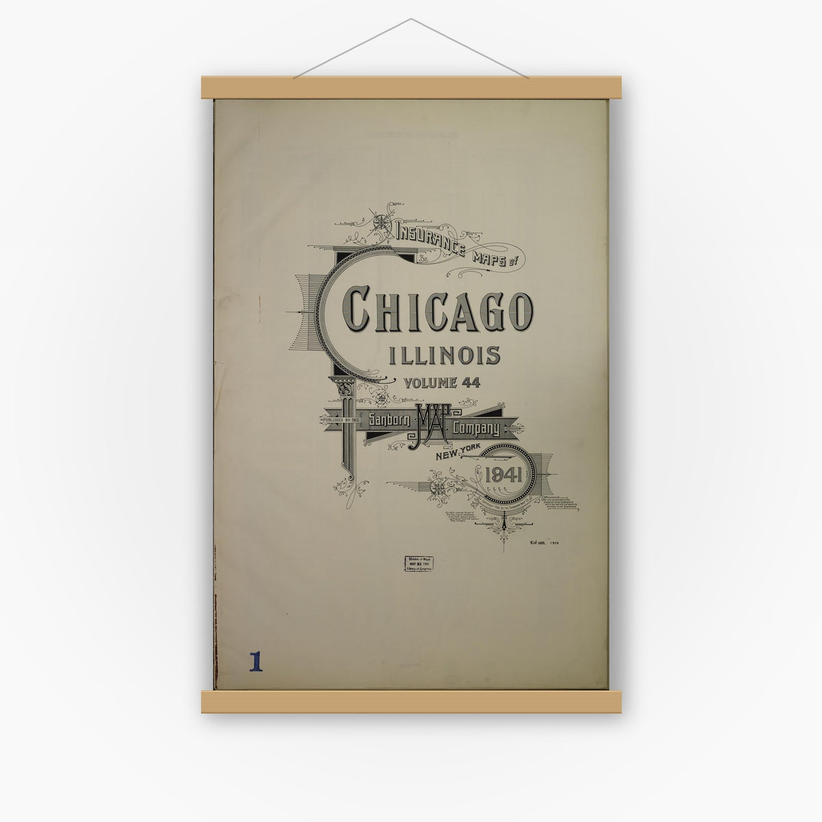 Old map wall art mockup — magnetic wood frame on white wall — Sanborn Fire Insurance Map from Chicago, Cook County, Illinois (1941), Sheet #0001