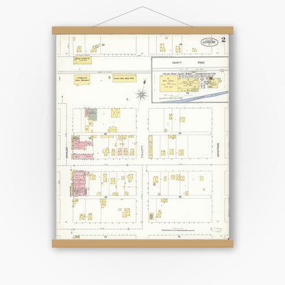 Old map wall art mockup — magnetic wood frame on white wall — Sanborn Fire Insurance Map from Lemoore, Kings County, California (1905), Sheet #0002
