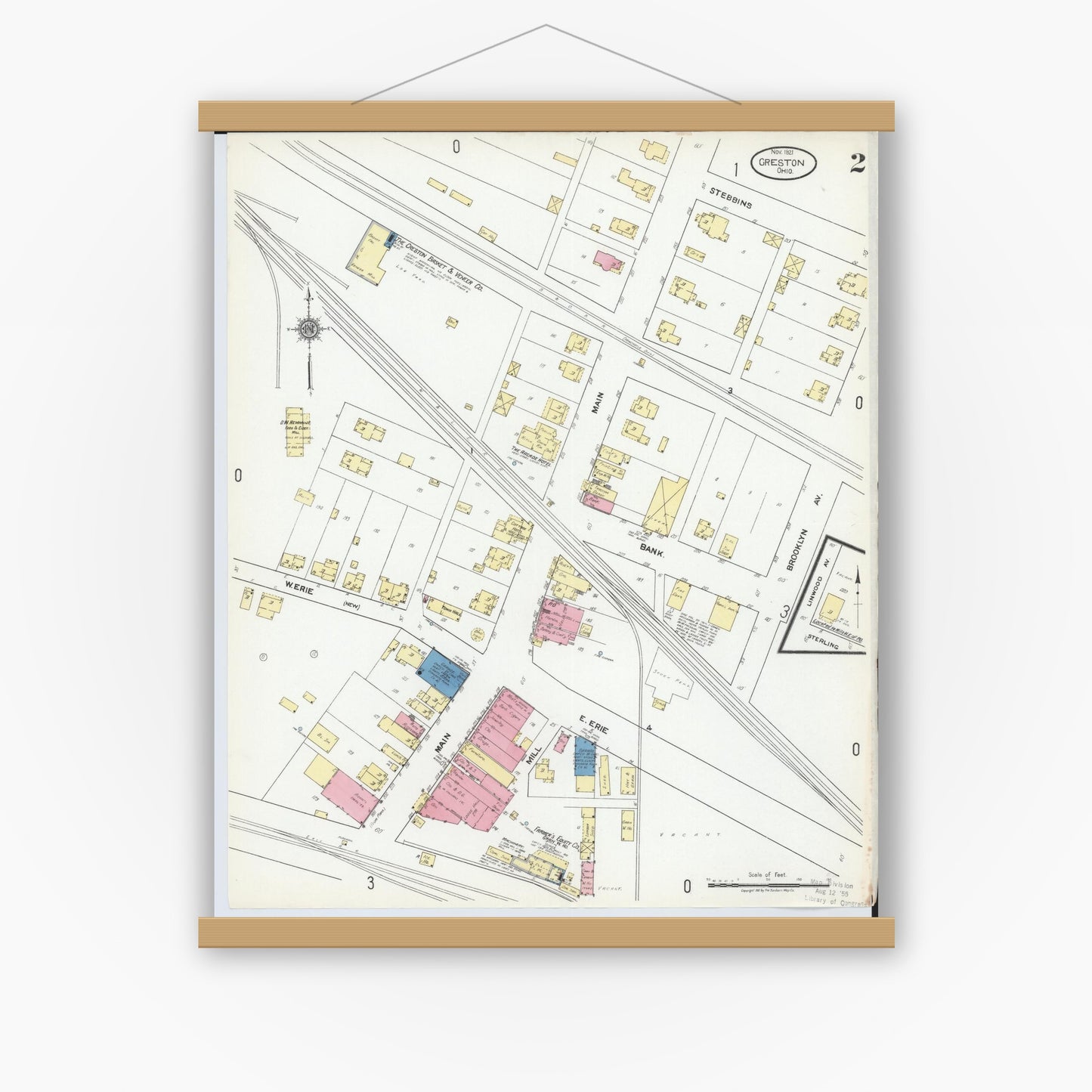 Old map wall art mockup — magnetic wood frame on white wall — Sanborn Fire Insurance Map from Creston, Wayne County, Ohio (1921), Sheet #0002