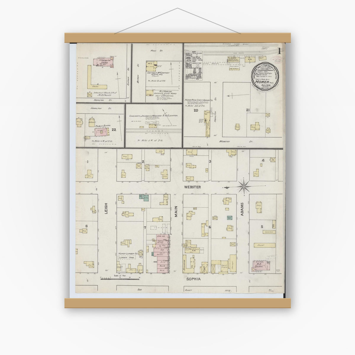 Old map wall art mockup — magnetic wood frame on white wall — Sanborn Fire Insurance Map from Homer, Calhoun County, Michigan (1888), Sheet #0001