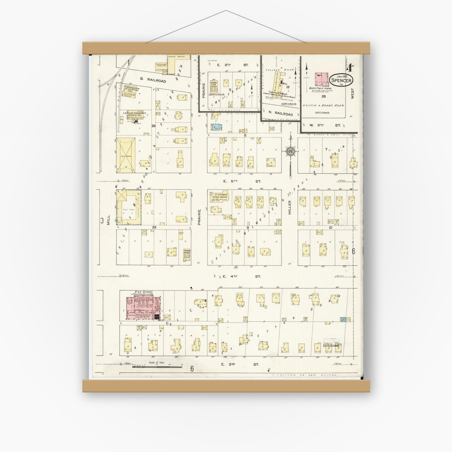 Old map wall art mockup — magnetic wood frame on white wall — Sanborn Fire Insurance Map from Spencer, Clay County, Iowa (1915), Sheet #0004