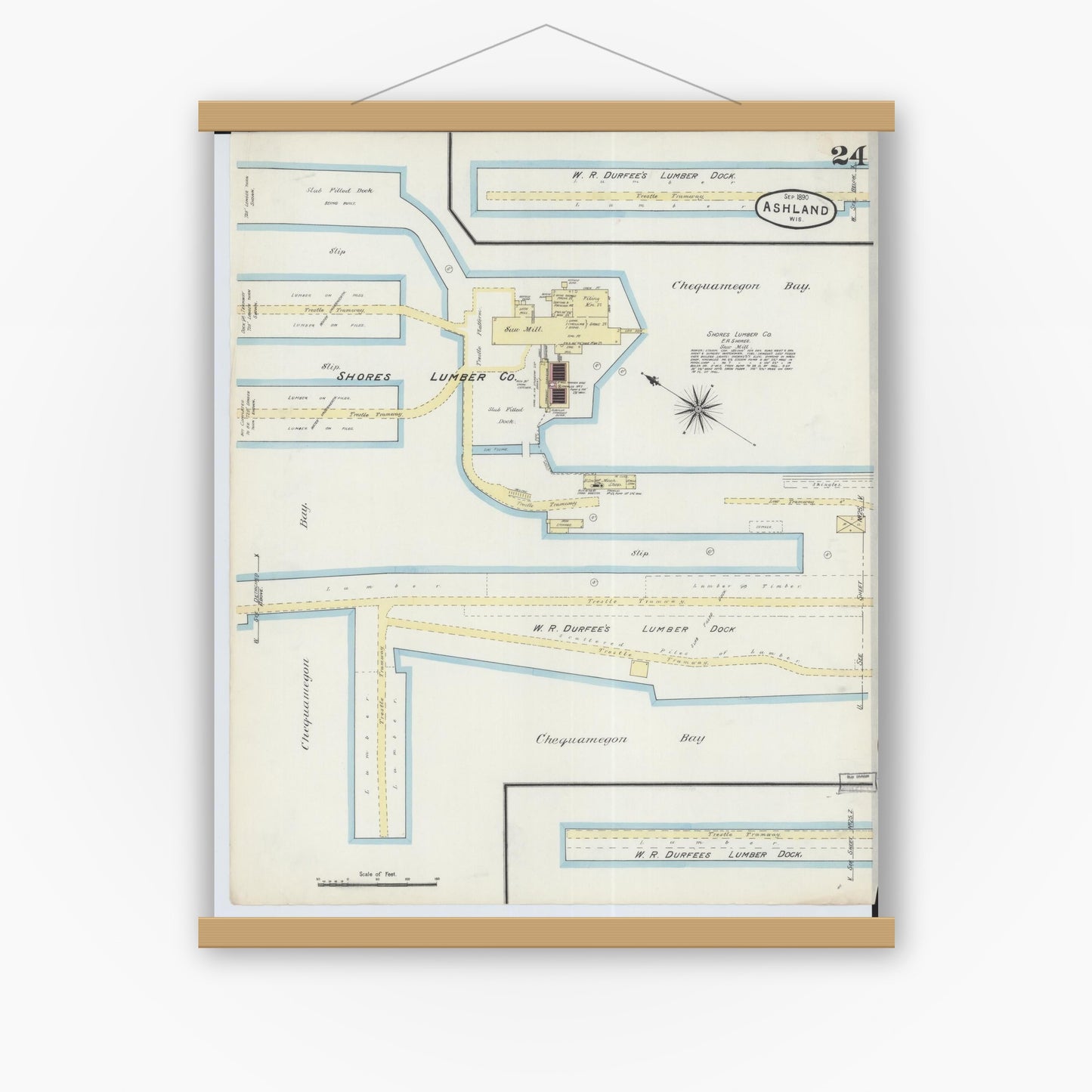 Old map wall art mockup — magnetic wood frame on white wall — Sanborn Fire Insurance Map from Ashland, Ashland County, Wisconsin (1890), Sheet #0024
