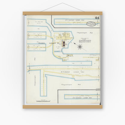 Old map wall art mockup — magnetic wood frame on white wall — Sanborn Fire Insurance Map from Ashland, Ashland County, Wisconsin (1890), Sheet #0024