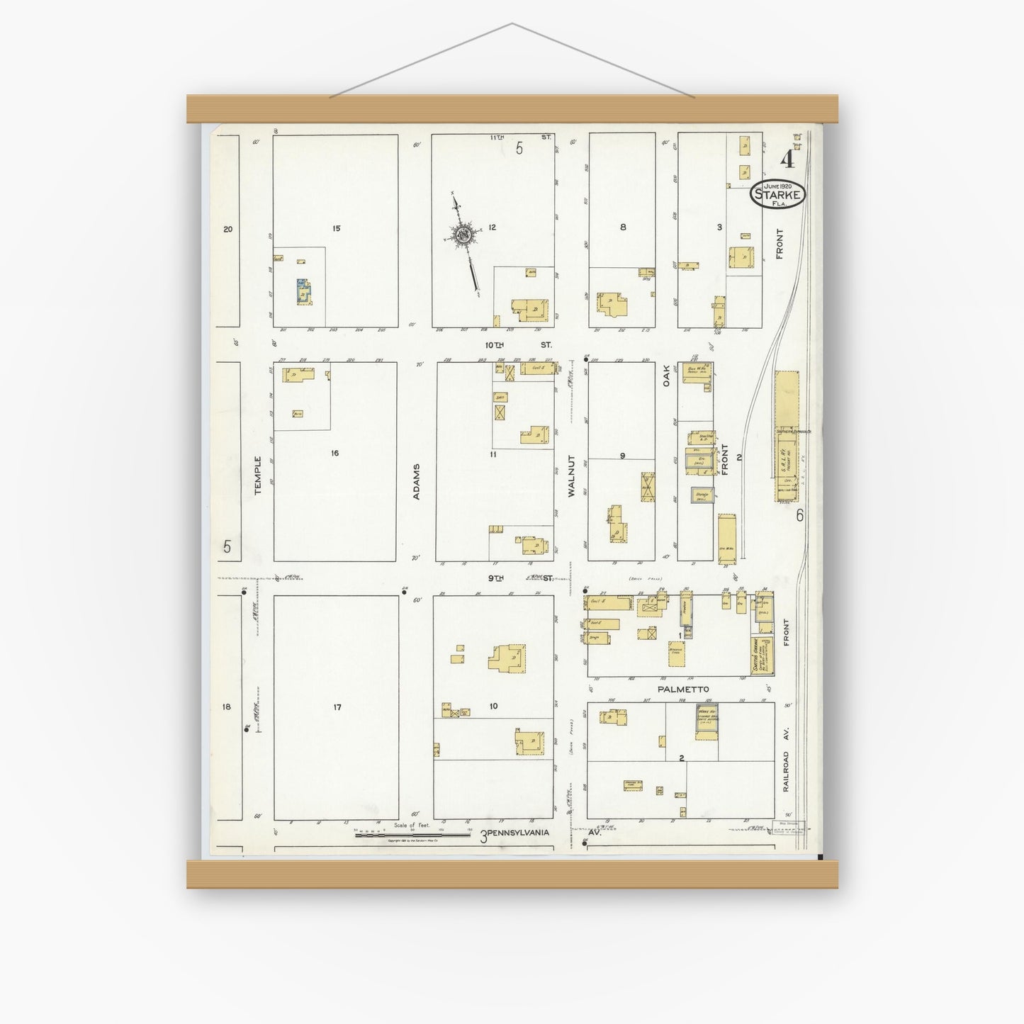 Old map wall art mockup — magnetic wood frame on white wall — Sanborn Fire Insurance Map from Starke, Bradford County, Florida (1920), Sheet #0004
