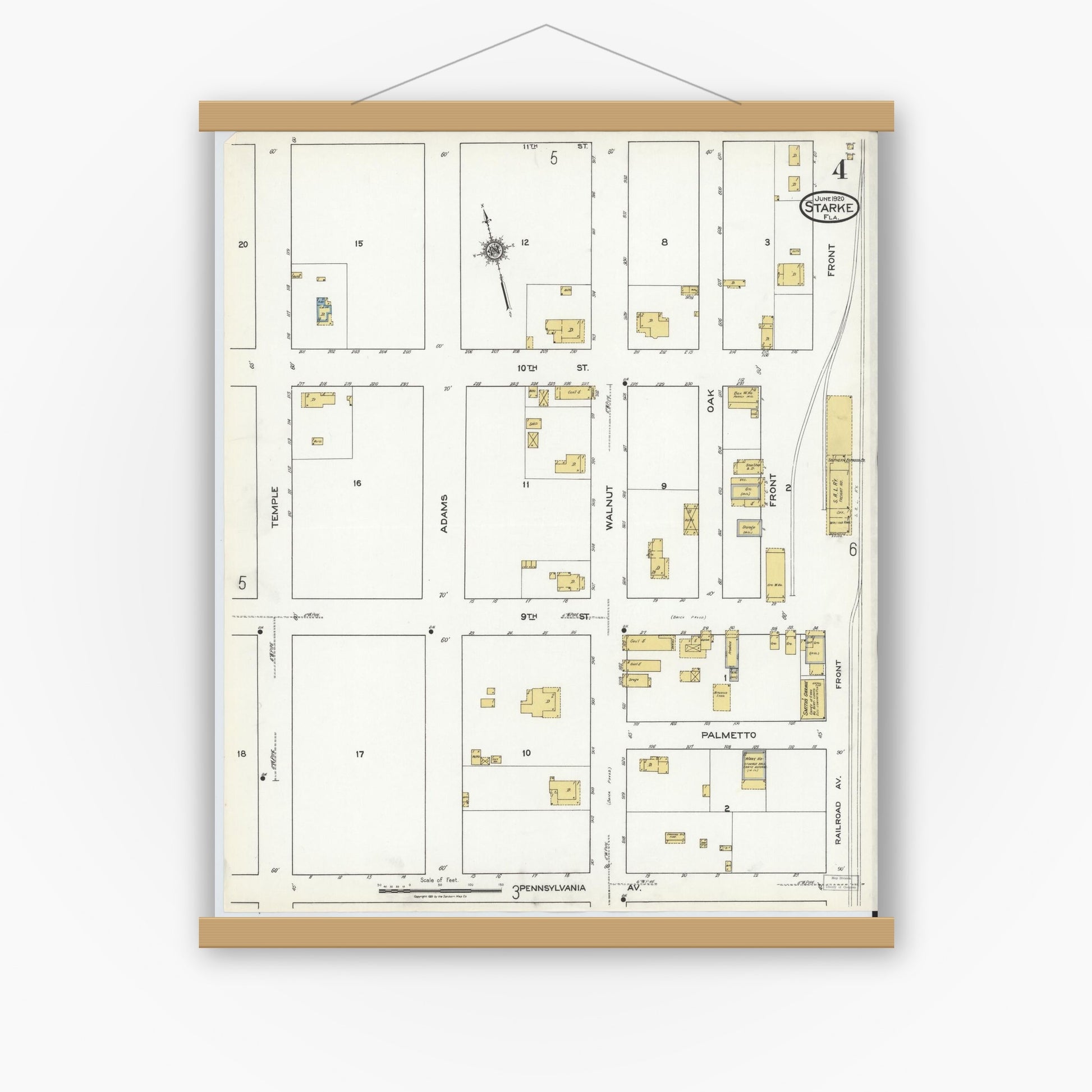 Old map wall art mockup — magnetic wood frame on white wall — Sanborn Fire Insurance Map from Starke, Bradford County, Florida (1920), Sheet #0004