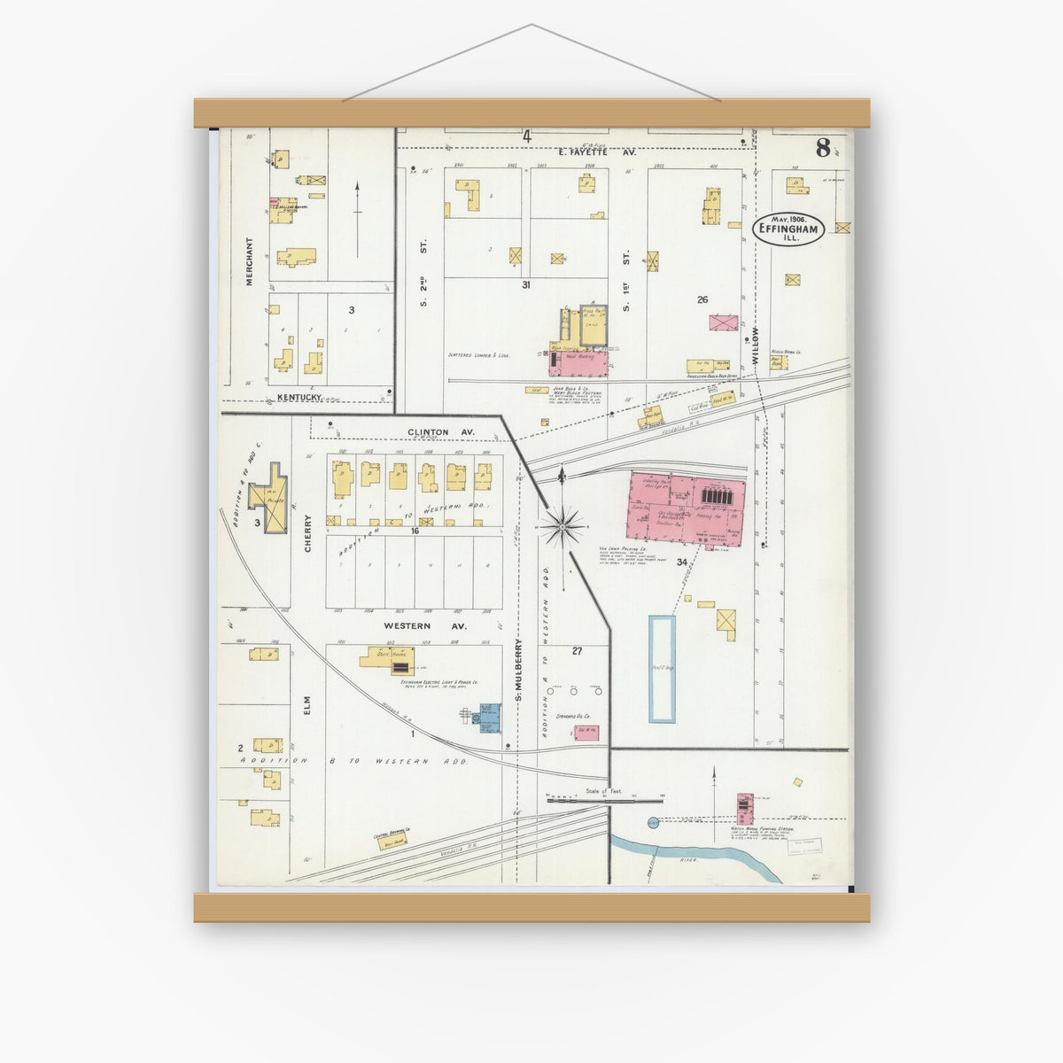 Old map wall art mockup — magnetic wood frame on white wall — Sanborn Fire Insurance Map from Effingham, Effingham County, Illinois (1906), Sheet #0008