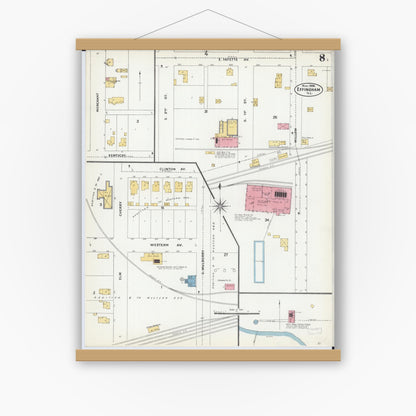 Old map wall art mockup — magnetic wood frame on white wall — Sanborn Fire Insurance Map from Effingham, Effingham County, Illinois (1906), Sheet #0008