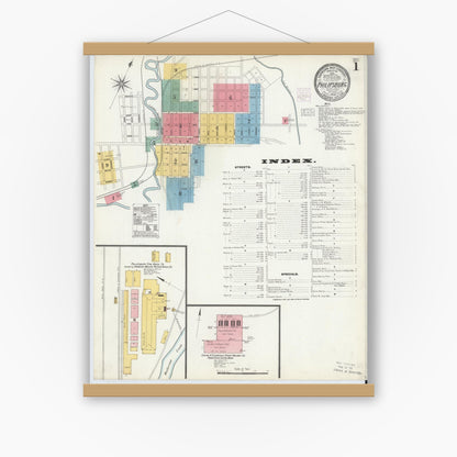 Old map wall art mockup — magnetic wood frame on white wall — Sanborn Fire Insurance Map from Philipsburg, Centre County, Pennsylvania (1904), Sheet #0001