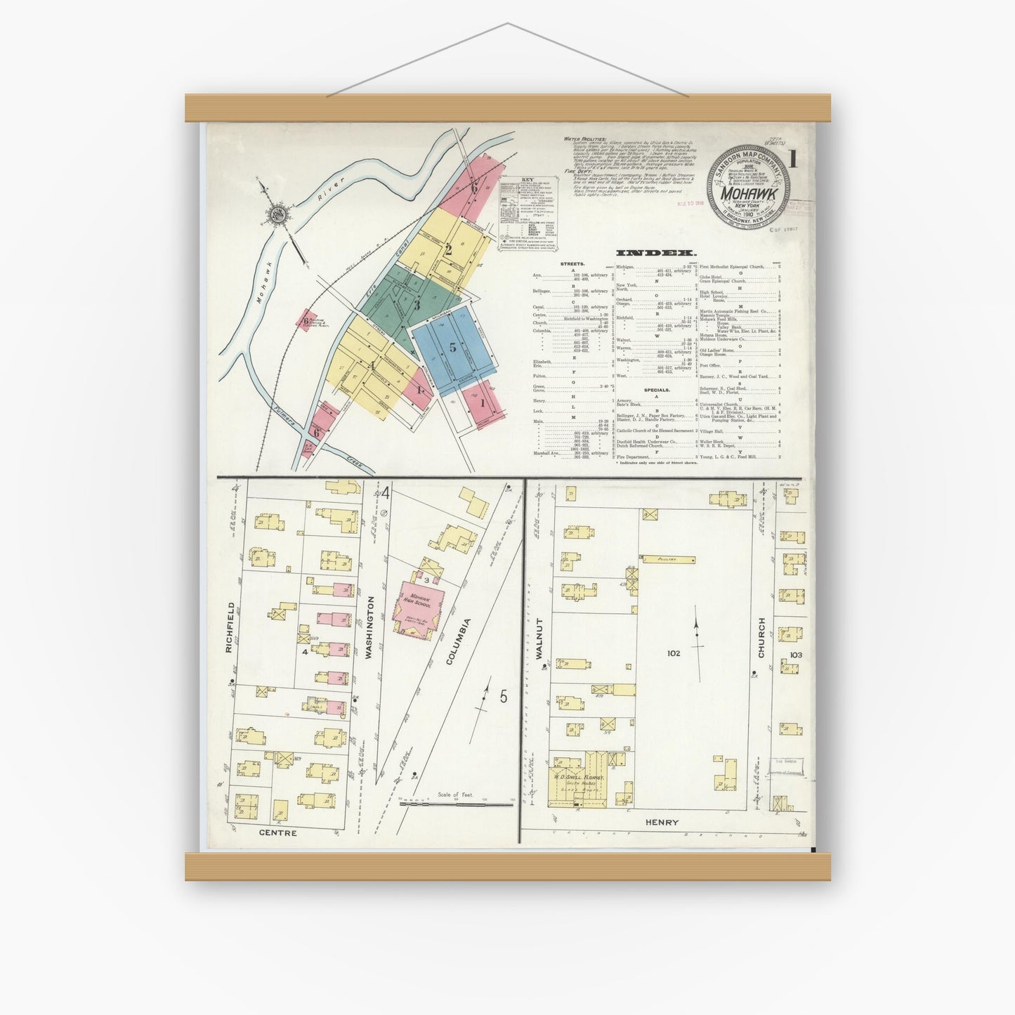 Old map wall art mockup — magnetic wood frame on white wall — Sanborn Fire Insurance Map from Mohawk, Herkimer County, New York (1910) - Complete Map Set