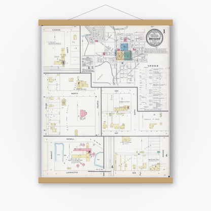 Old map wall art mockup — magnetic wood frame on white wall — Sanborn Fire Insurance Map from Watseka, Iroquois County, Illinois (1905) - Complete Map Set