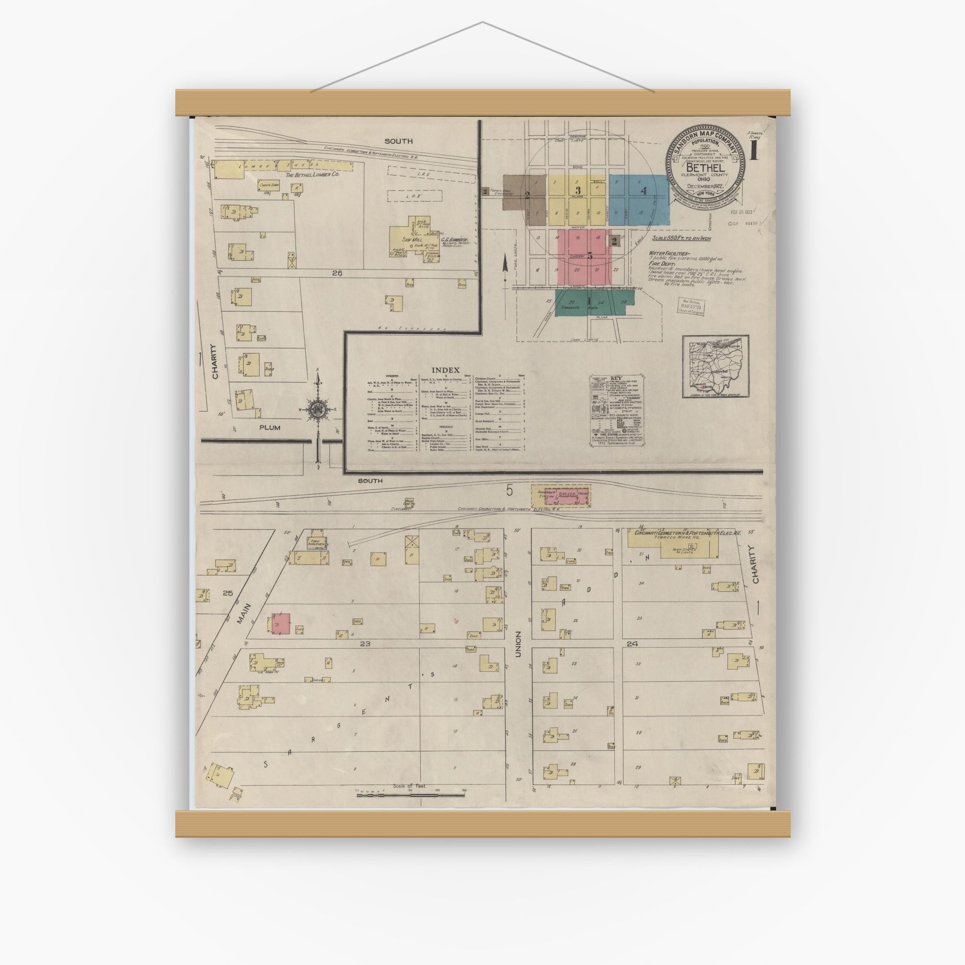 Old map wall art mockup — magnetic wood frame on white wall — Sanborn Fire Insurance Map from Bethel, Clermont County, Ohio (1922), Sheet #0001