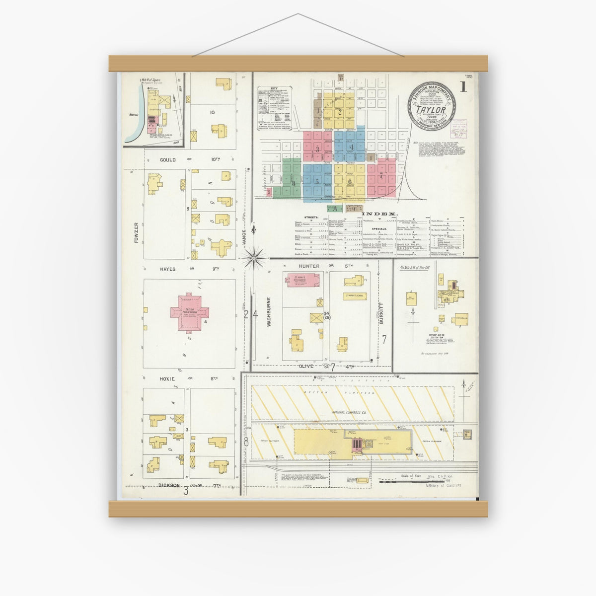 Old map wall art mockup — magnetic wood frame on white wall — Sanborn Fire Insurance Map from Taylor, Williamson County, Texas (1904), Sheet #0001