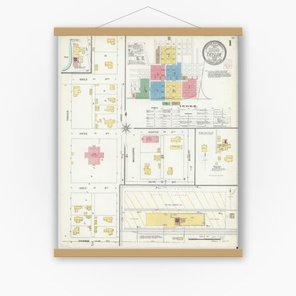 Old map wall art mockup — magnetic wood frame on white wall — Sanborn Fire Insurance Map from Taylor, Williamson County, Texas (1904), Sheet #0001