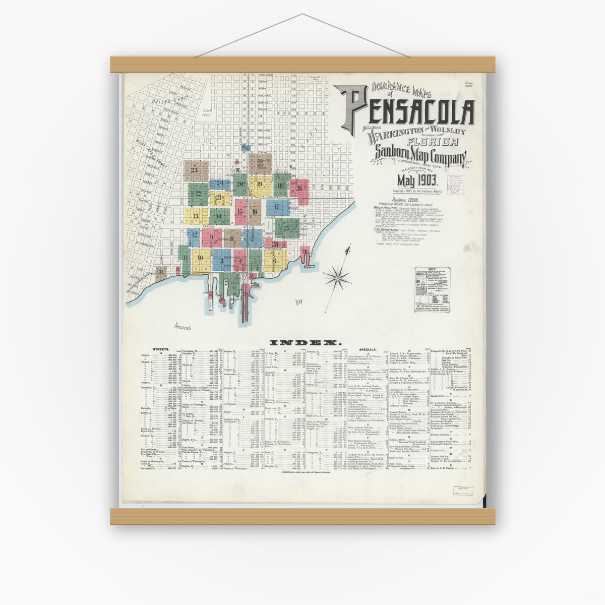 Old map wall art mockup — magnetic wood frame on white wall — Sanborn Fire Insurance Map from Pensacola, Escambia County, Florida (1903), Sheet #0001