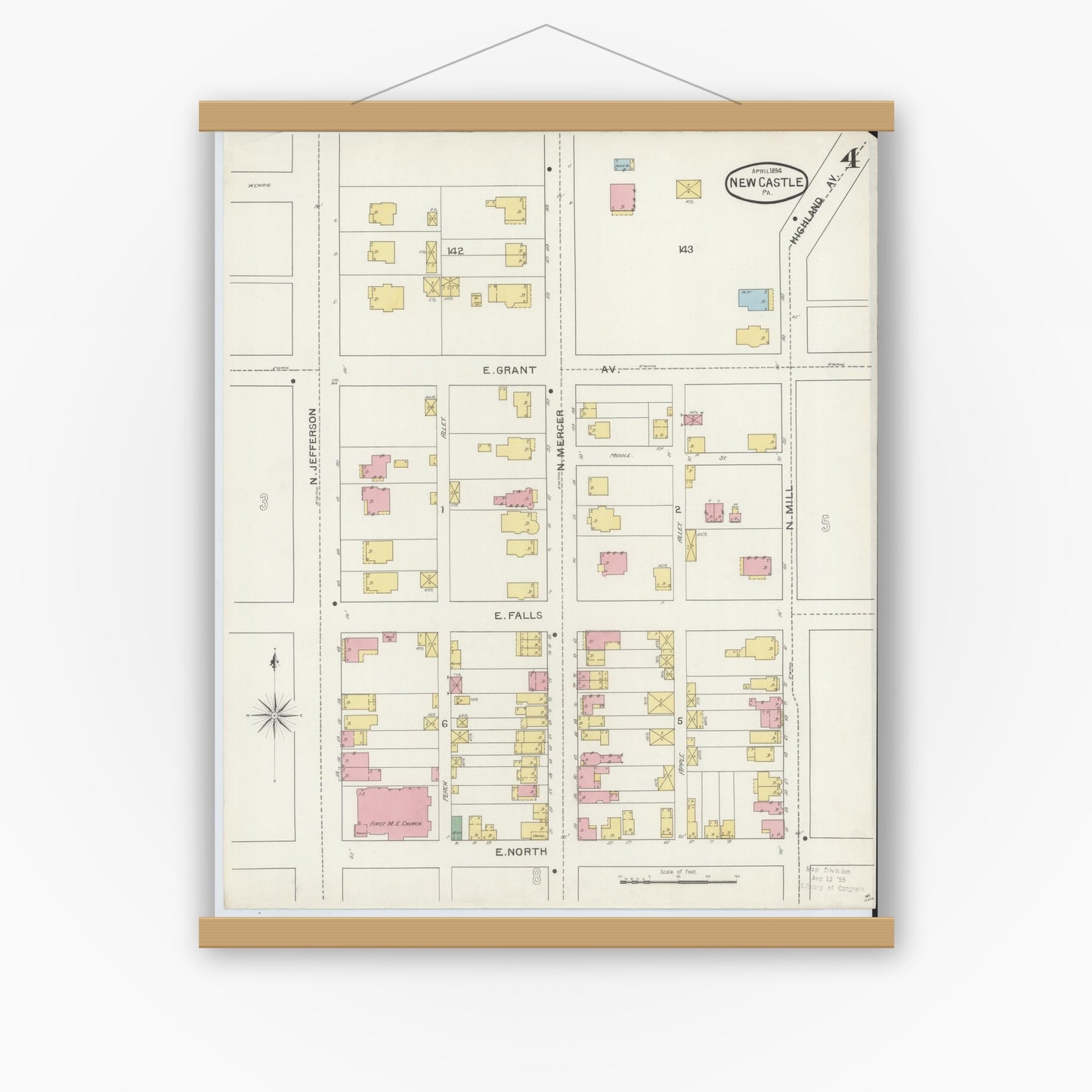 Old map wall art mockup — magnetic wood frame on white wall — Sanborn Fire Insurance Map from New Castle, Lawrence County, Pennsylvania (1894), Sheet #0004