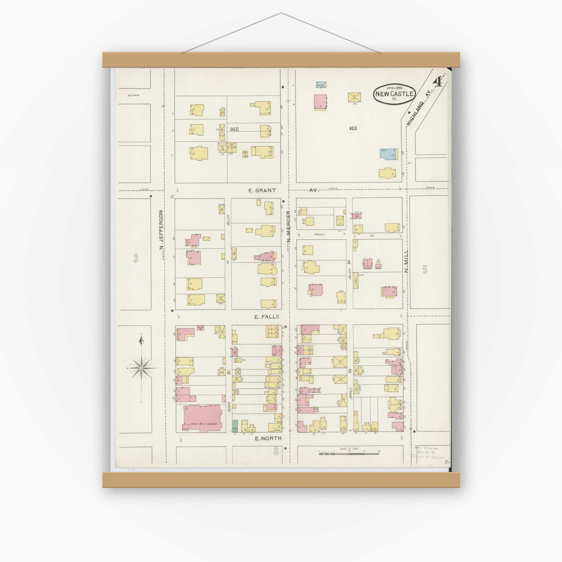 Old map wall art mockup — magnetic wood frame on white wall — Sanborn Fire Insurance Map from New Castle, Lawrence County, Pennsylvania (1894), Sheet #0004