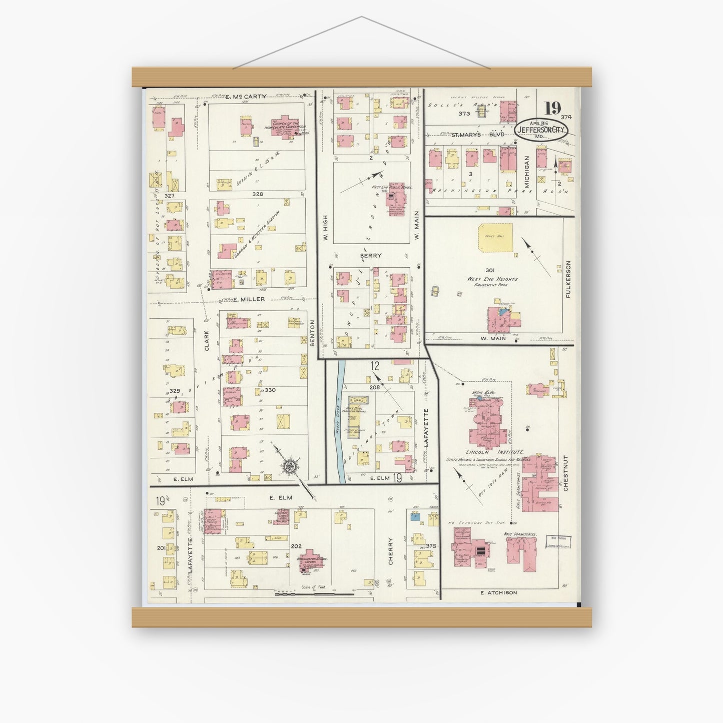 Old map wall art mockup — magnetic wood frame on white wall — Sanborn Fire Insurance Map from Jefferson City, Cole County, Missouri (1916), Sheet #0019