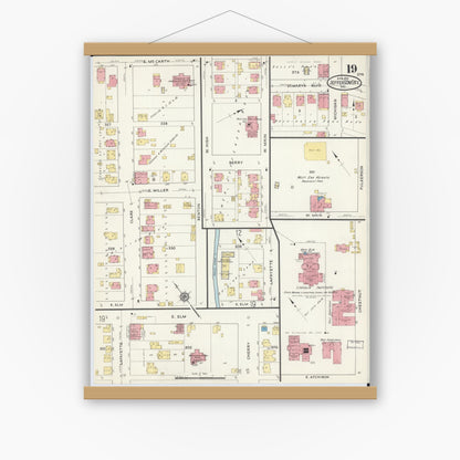 Old map wall art mockup — magnetic wood frame on white wall — Sanborn Fire Insurance Map from Jefferson City, Cole County, Missouri (1916), Sheet #0019
